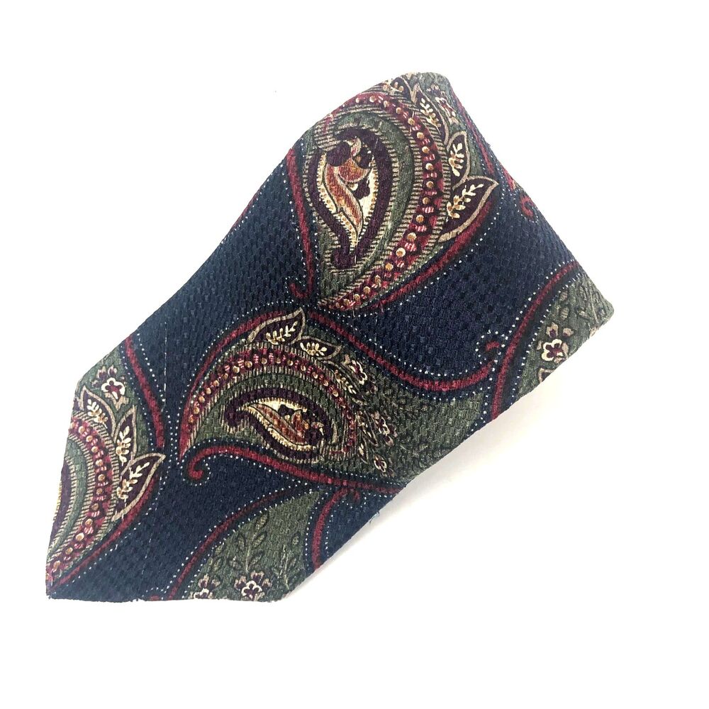 Vintage GANT 100% Silk Paisley Tie Navy Blue Olive Red Castner-Knott Made in USA